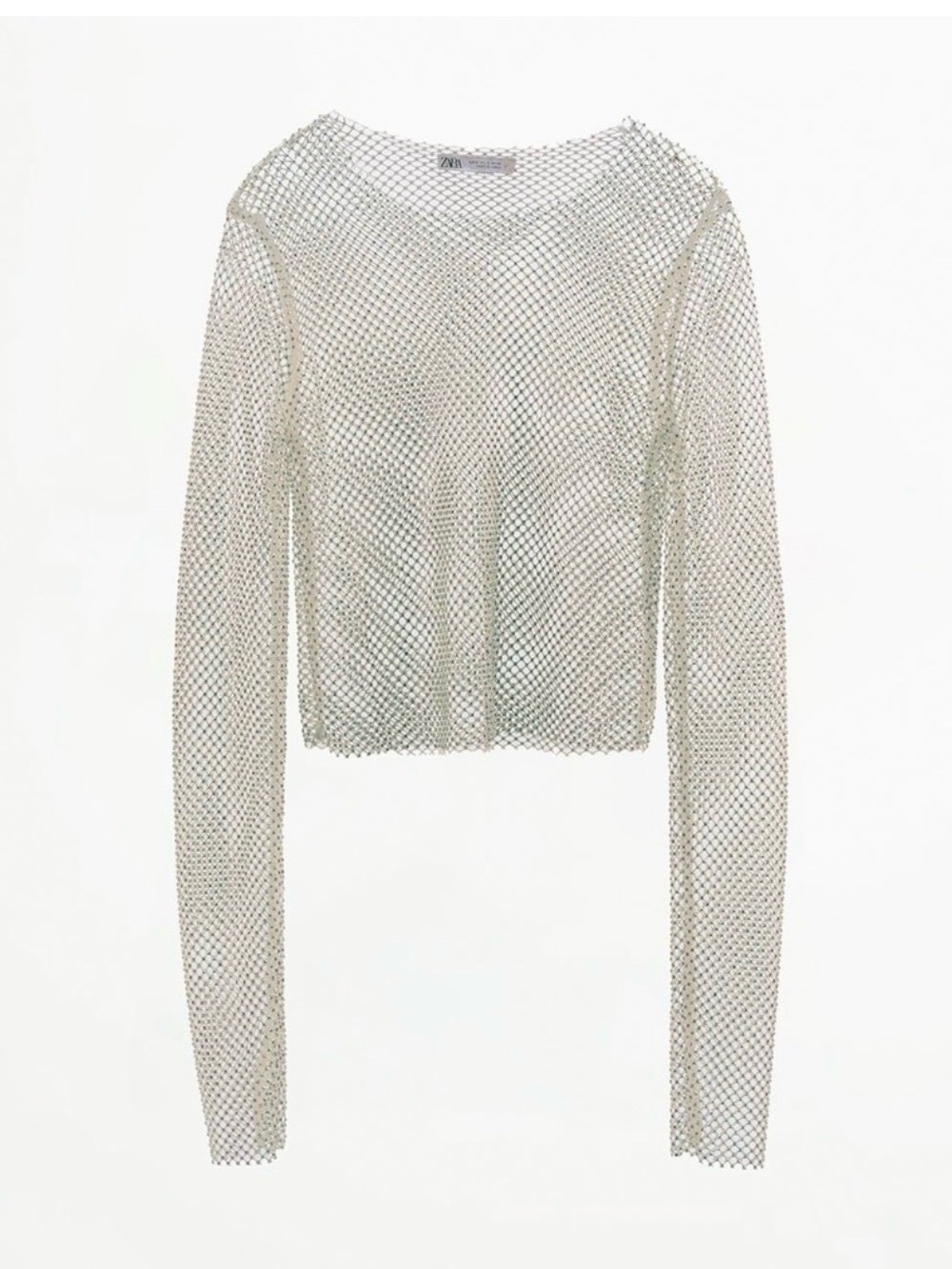 Zara Silver Mesh Long Sleeve Crop Top - Shimmery Open Knit Sz M